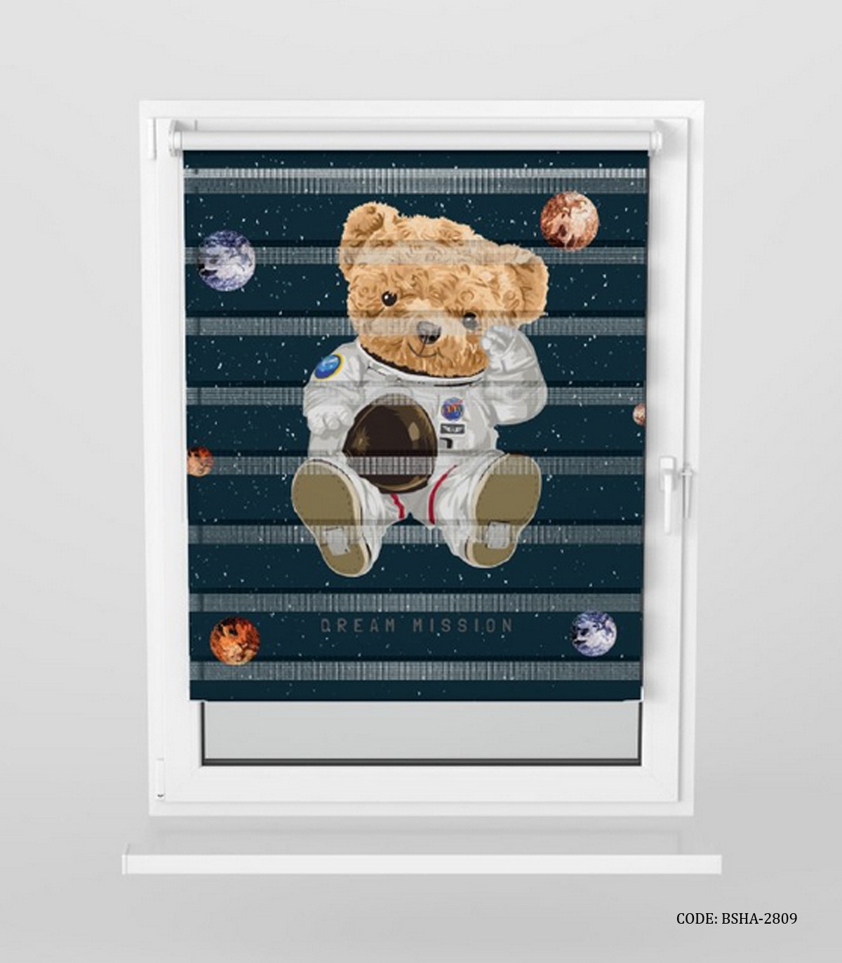 پرده زبرا اتاق کودک پسرانه طرح خرس مدل تدی فضانورد