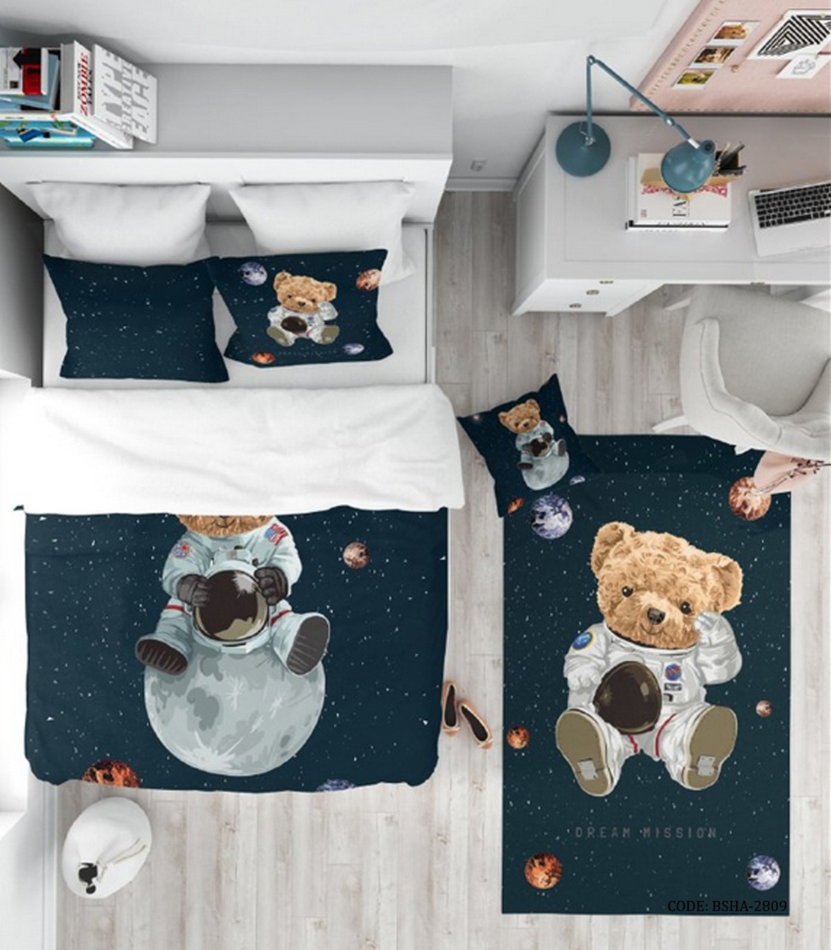 روتختی کودک پسرانه 4 تکه طرح خرس مدل تدی فضانورد