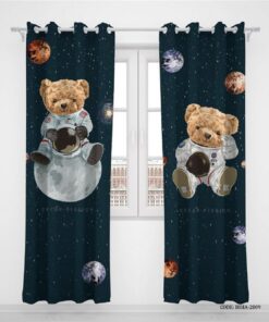 پرده پانچی دو تکه اتاق کودک پسرانه طرح خرس مدل تدی فضانورد