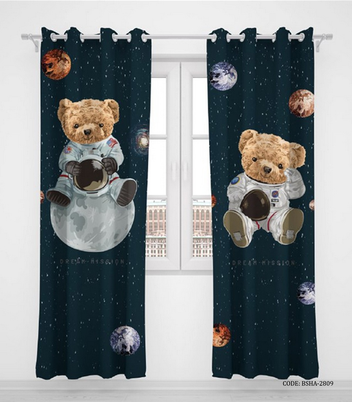 پرده پانچی دو تکه اتاق کودک پسرانه طرح خرس مدل تدی فضانورد