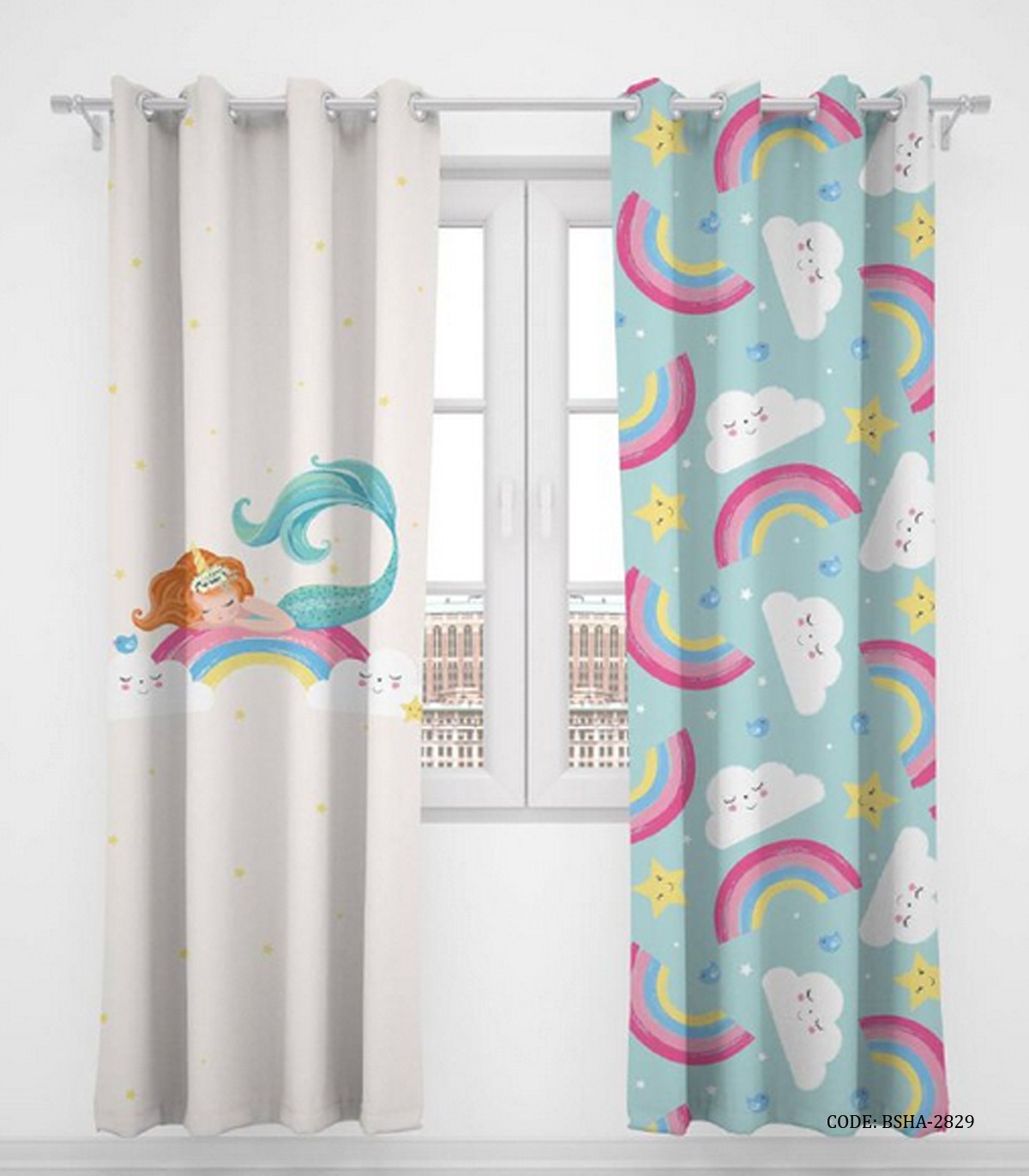 پرده پانچی دو تکه اتاق کودک دخترانه طرح پری دریایی مدل Mermaid