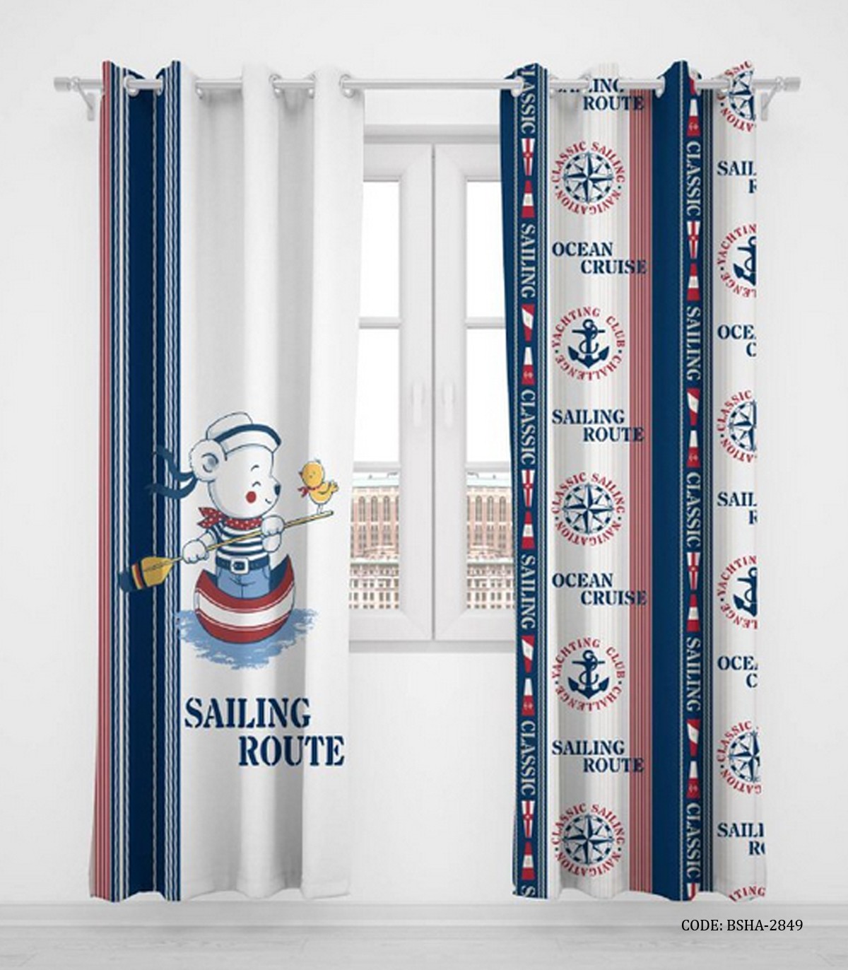 پرده پانچی دو تکه اتاق کودک پسرانه طرح دریانوردی مدل Sailing Route