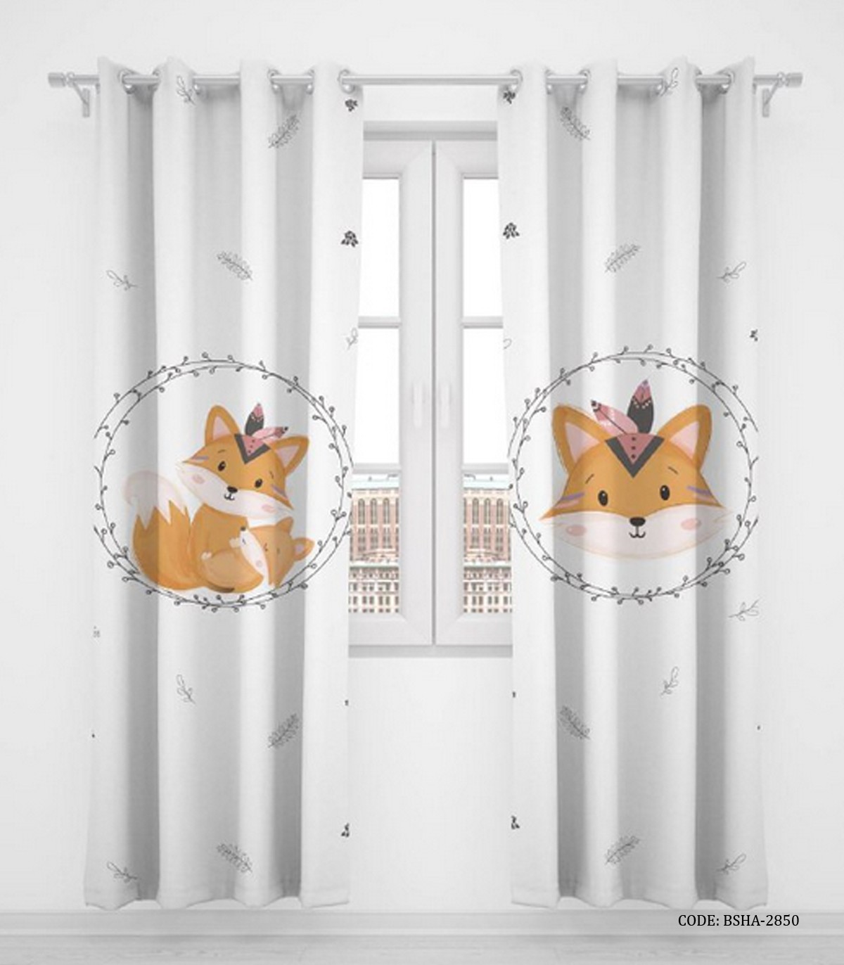 پرده پانچی دو تکه اتاق کودک دخترانه طرح روباه مدل Cute Fox
