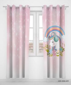 پرده پانچی دو تکه اتاق کودک دخترانه طرح اسب تک شاخ و رنگین کمان