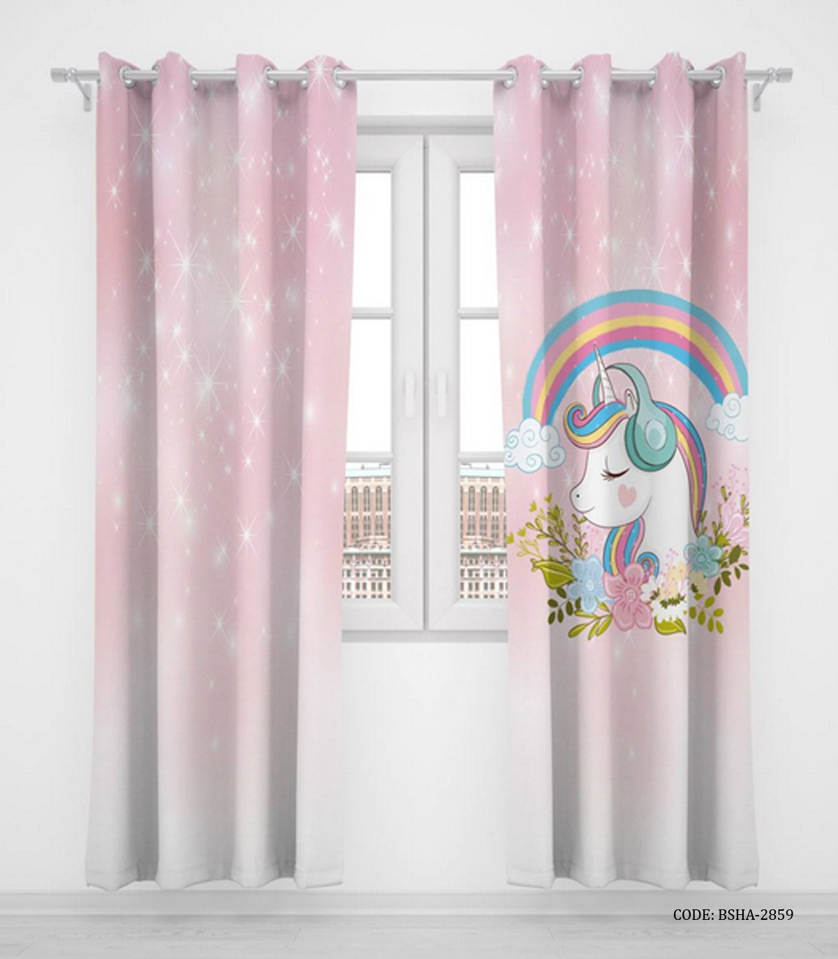 پرده پانچی دو تکه اتاق کودک دخترانه طرح اسب تک شاخ و رنگین کمان