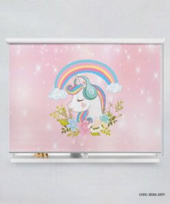 پرده شید اتاق کودک دخترانه طرح اسب تک شاخ و رنگین کمان