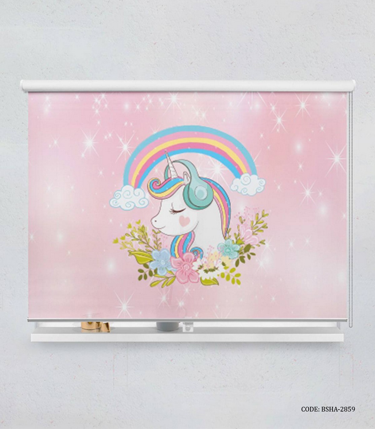 پرده شید اتاق کودک دخترانه طرح اسب تک شاخ و رنگین کمان