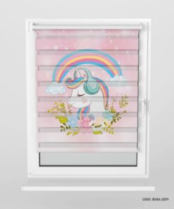 پرده زبرا اتاق کودک دخترانه طرح اسب تک شاخ و رنگین کمان