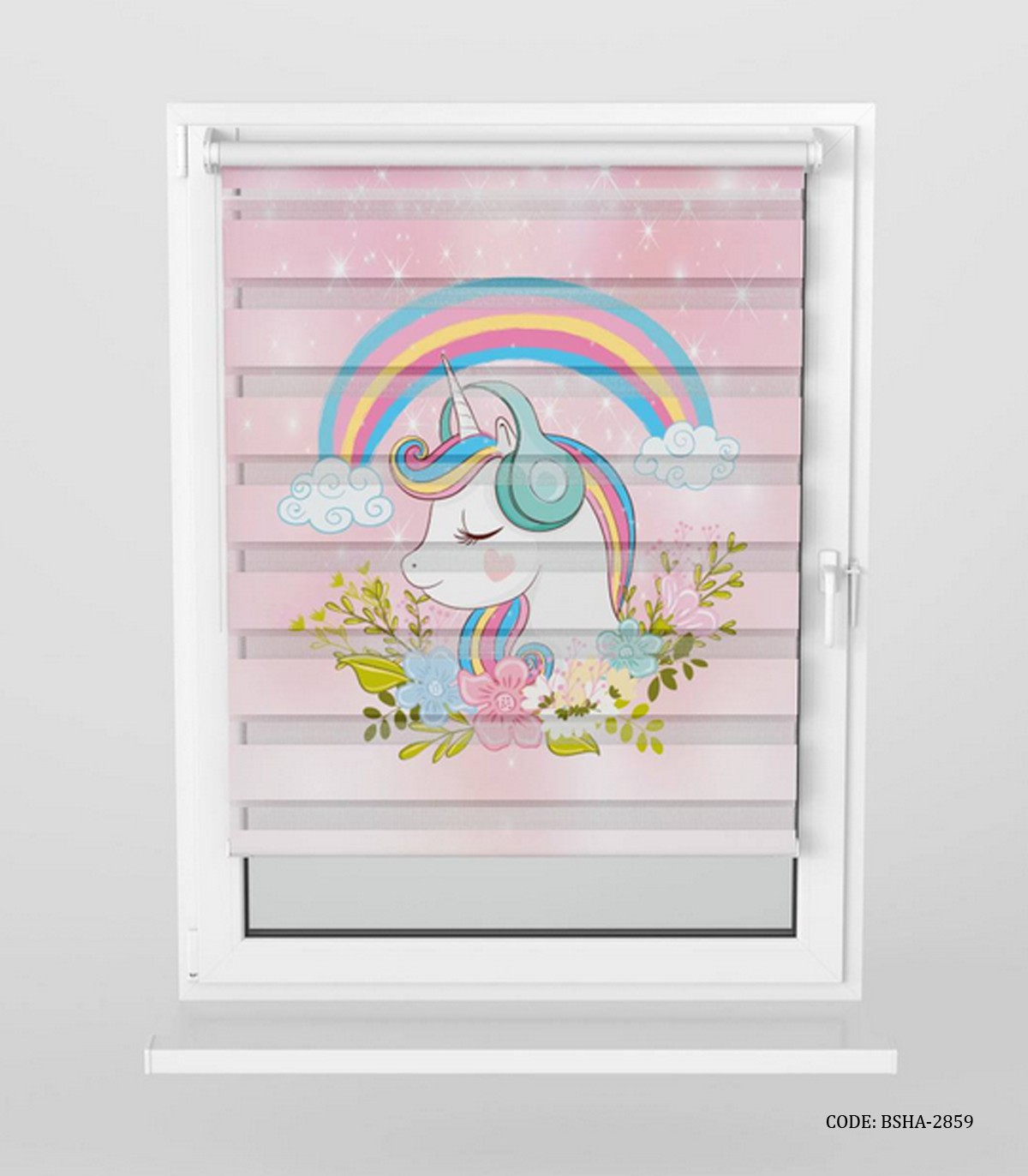 پرده زبرا اتاق کودک دخترانه طرح اسب تک شاخ و رنگین کمان