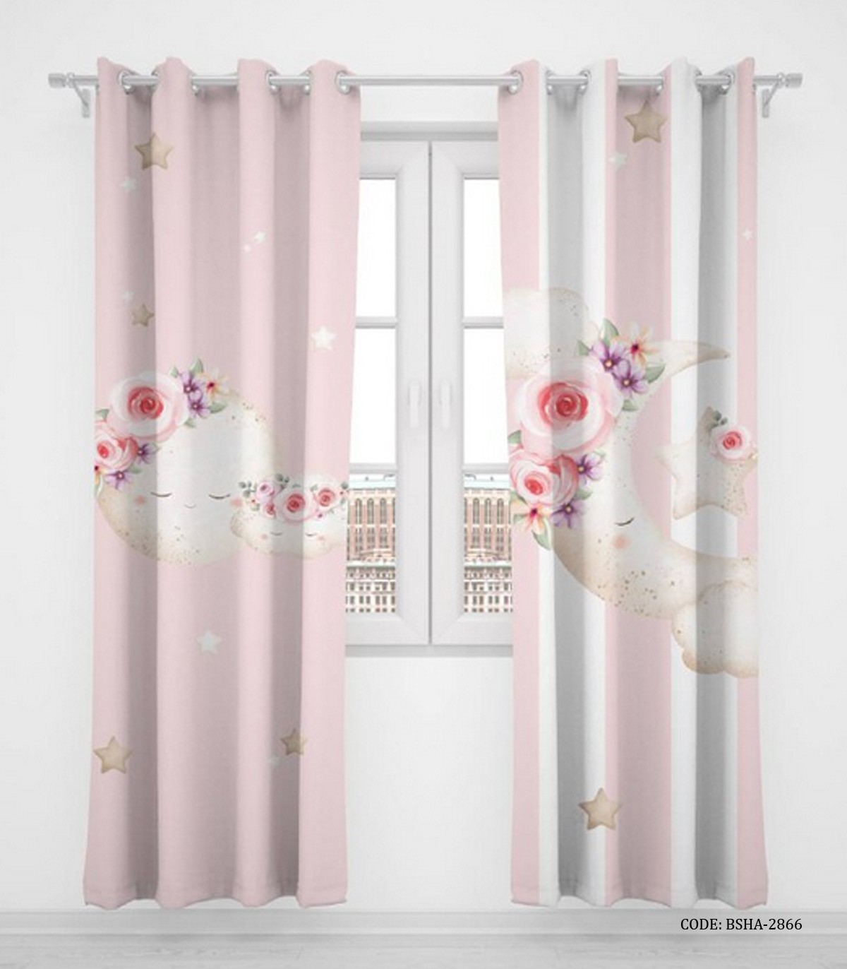 پرده پانچی دو تکه اتاق کودک دخترانه طرح ماه مدل Bright Moon