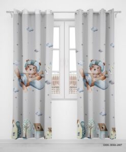 پرده پانچی دو تکه اتاق کودک پسرانه طرح گربه خلبان مدل Pilot Cat