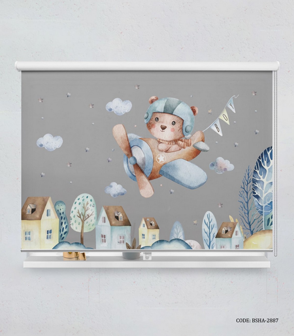 پرده شید اتاق کودک پسرانه طرح گربه خلبان مدل Pilot Cat