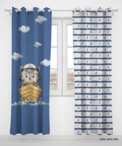 پرده پانچی دو تکه اتاق کودک پسرانه طرح گربه ملوان مدل Sailor Cat