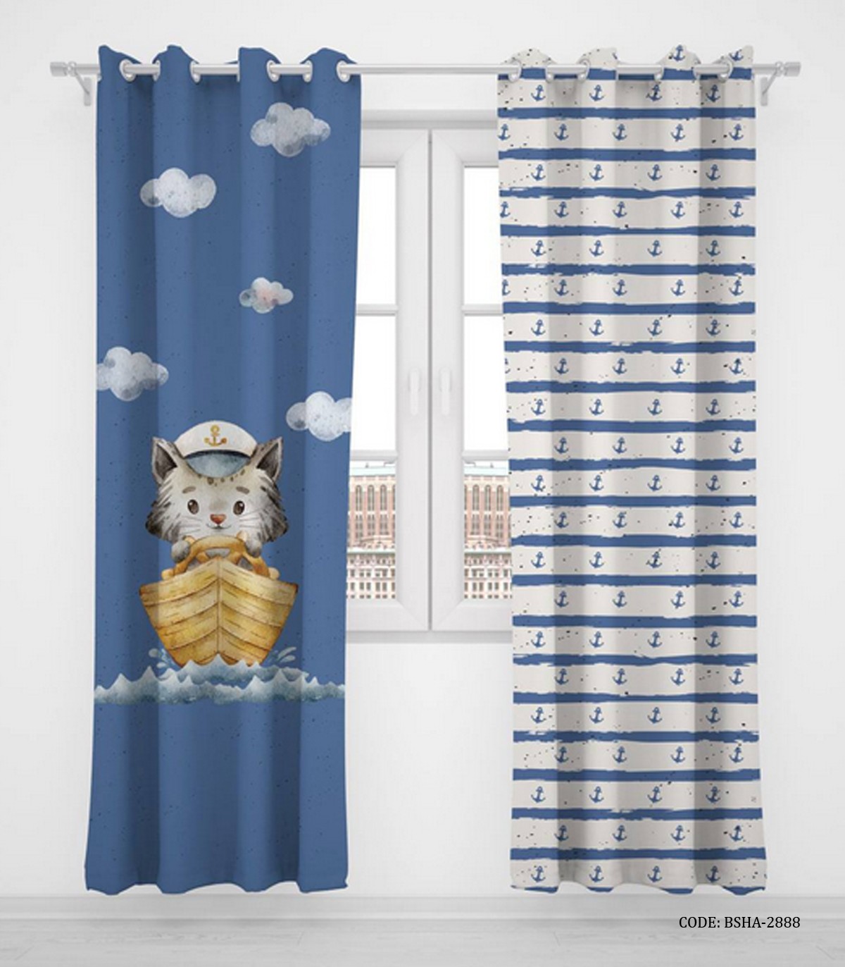 پرده پانچی دو تکه اتاق کودک پسرانه طرح گربه ملوان مدل Sailor Cat