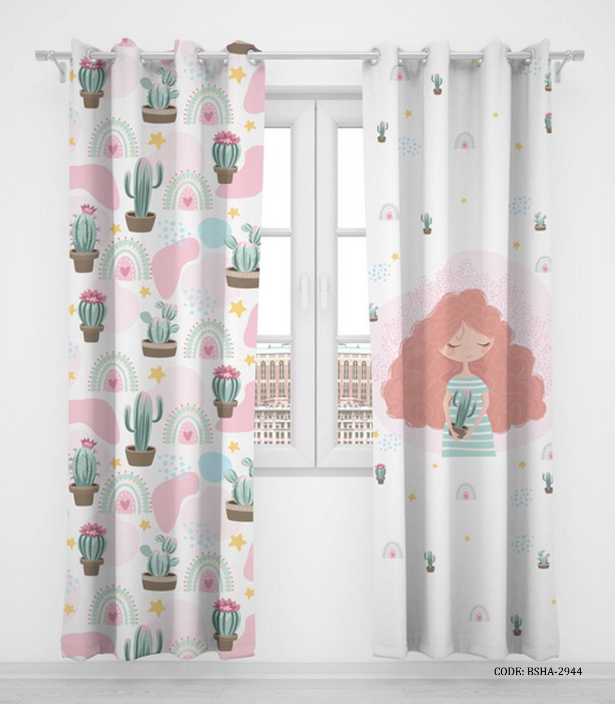 پرده پانچی دو تکه اتاق کودک دخترانه طرح کاکتوس مدل Gow up