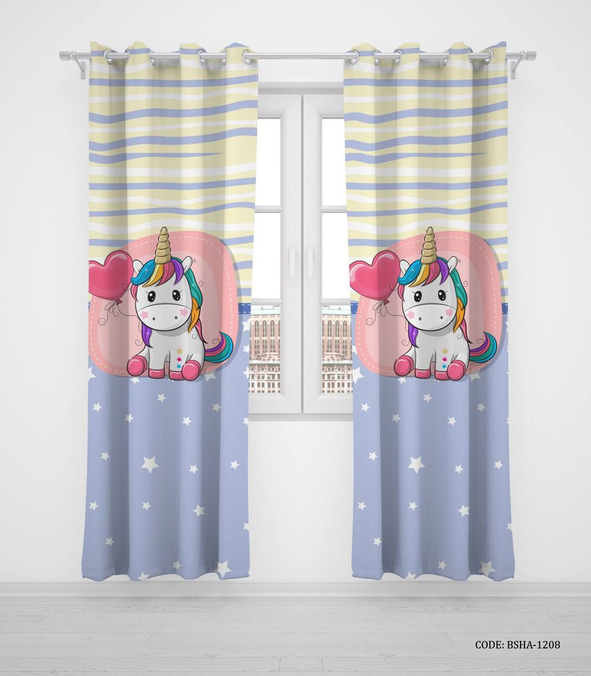 پرده پانچی دو تکه اتاق دخترانه طرح اسب تک شاخ مدل Purple Unicorn