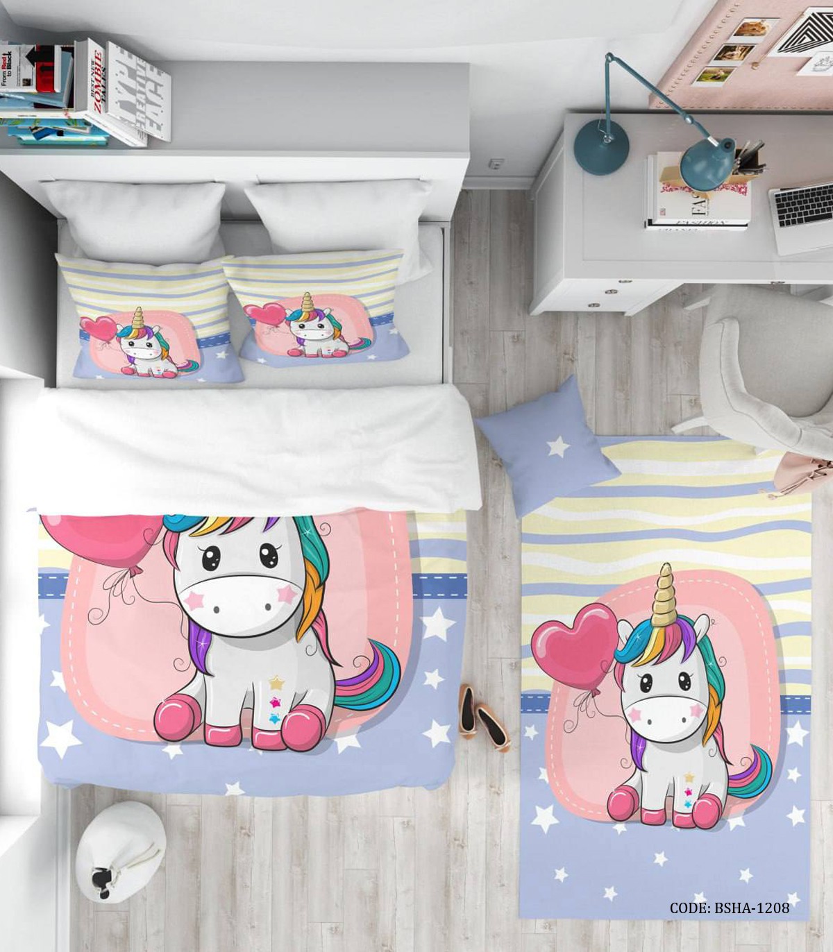 روتختی دخترانه 4 تکه طرح اسب تک شاخ مدل Purple Unicorn