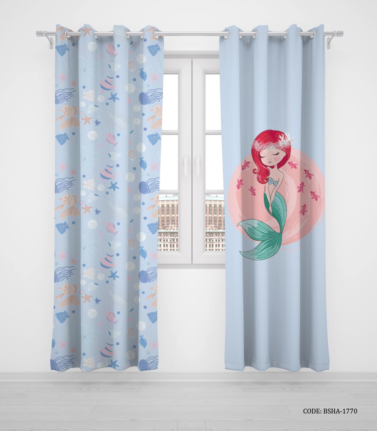 پرده پانچی دو تکه اتاق دخترانه طرح پری دریایی مدل Pink Mermaid