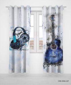 پرده پانچی دو تکه اتاق نوجوان طرح موزیک و گیتار مدل Music