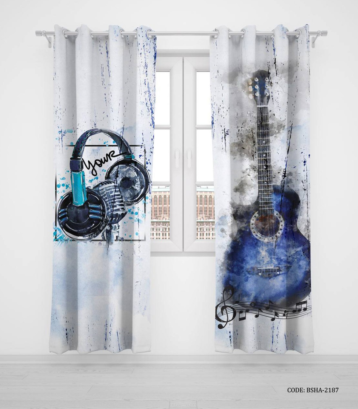 پرده پانچی دو تکه اتاق نوجوان طرح موزیک و گیتار مدل Music