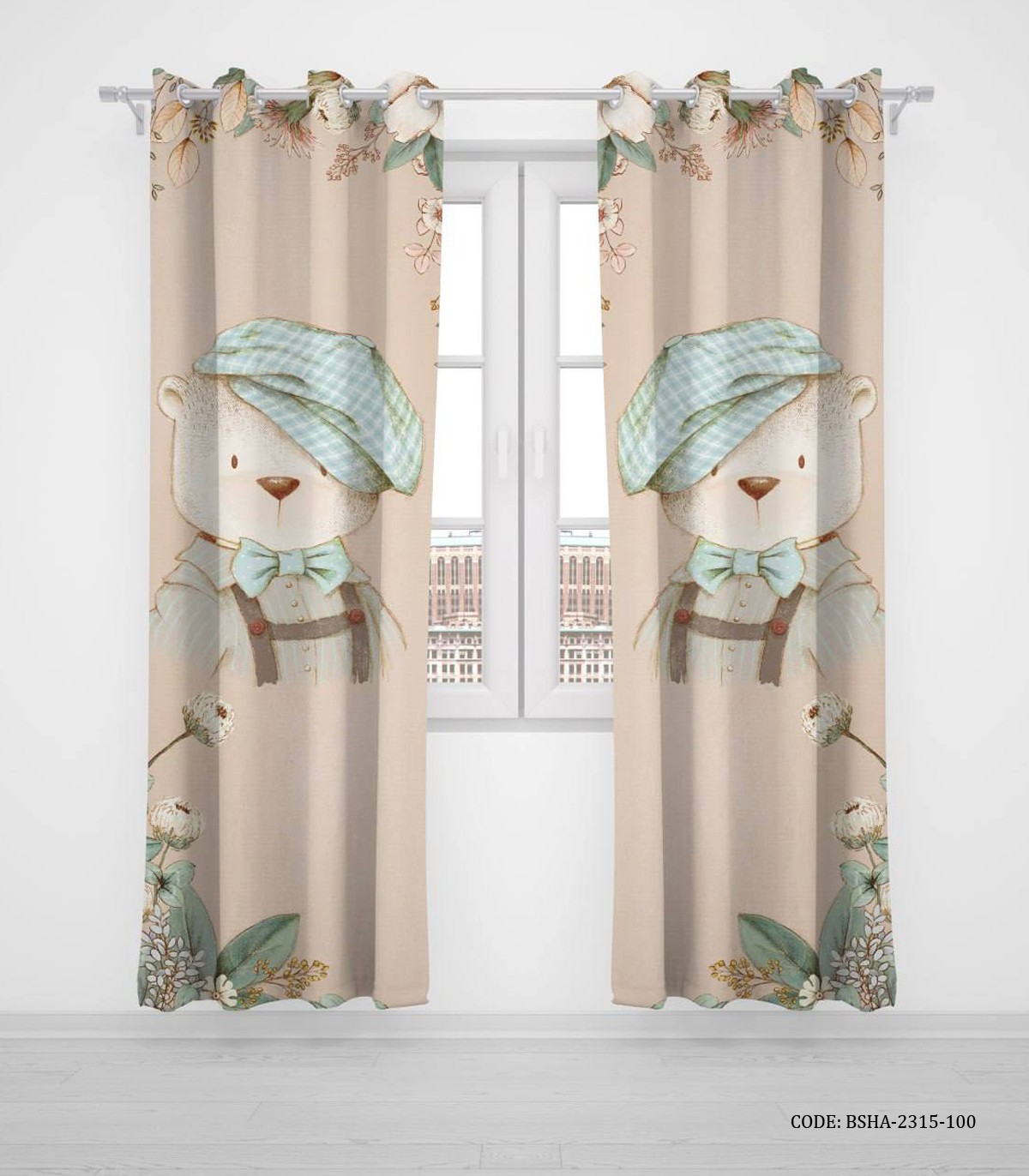 پرده پانچی دو تکه اتاق کودک پسرانه طرح خرس مدل Mr Tedddy