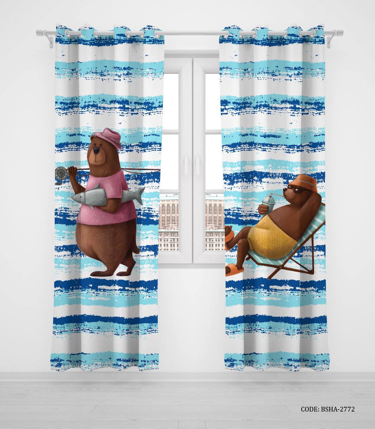 پرده پانچی دو تکه اتاق کودک پسرانه طرح خرس مدل Sea