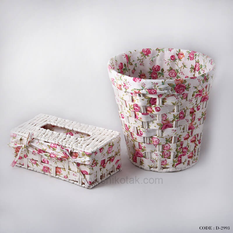 ست جادستمال و سطل زباله سفید طرح شطرنجی پارچه