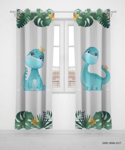 پرده پانچی دو تکه اتاق کودک دخترانه طرح دایناسور مدل Blue Dino
