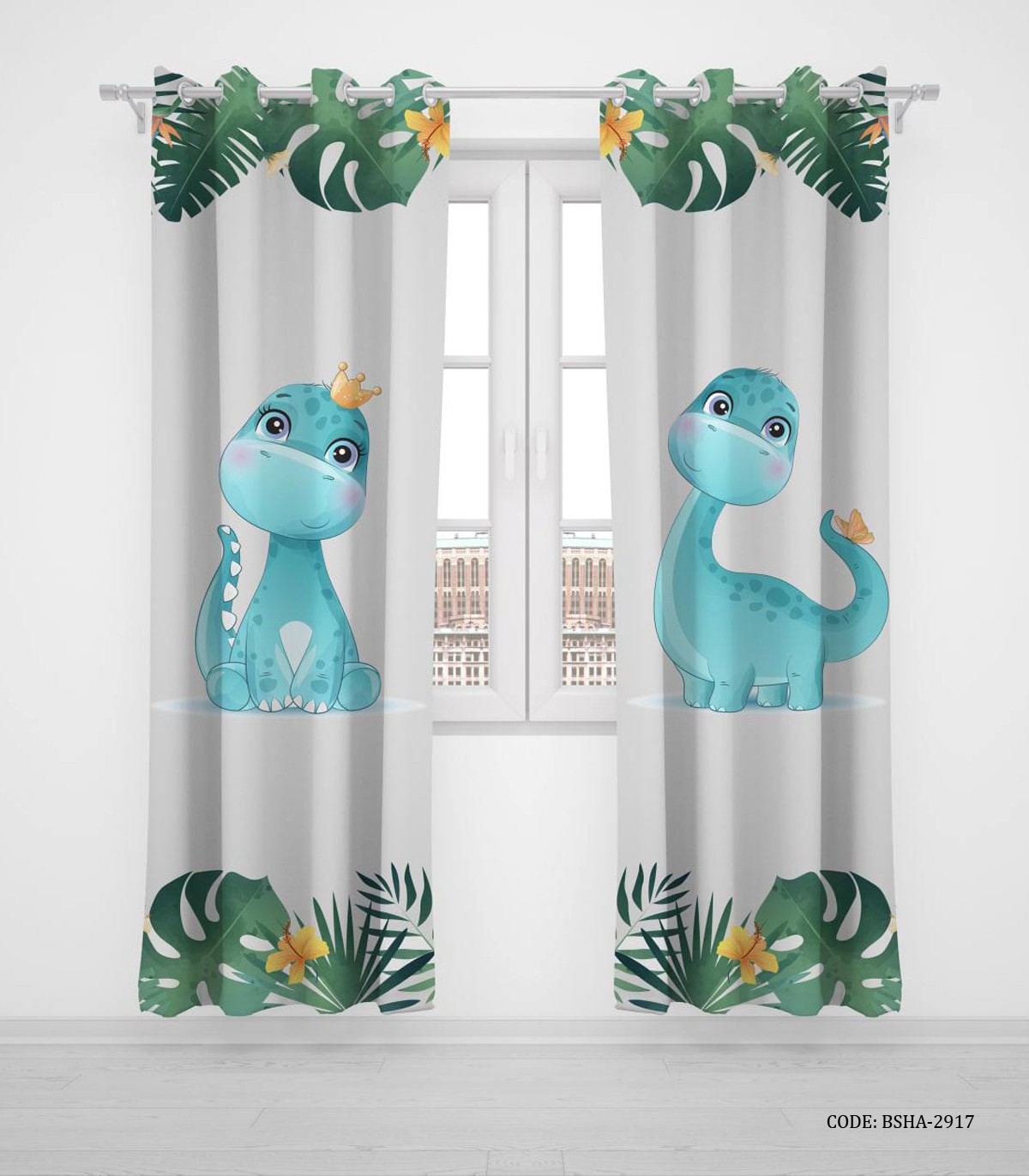 پرده پانچی دو تکه اتاق کودک دخترانه طرح دایناسور مدل Blue Dino