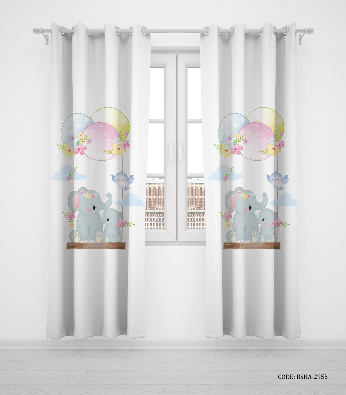 پرده پانچی دو تکه اتاق کودک دخترانه طرح فیل مدل Cute Elephant