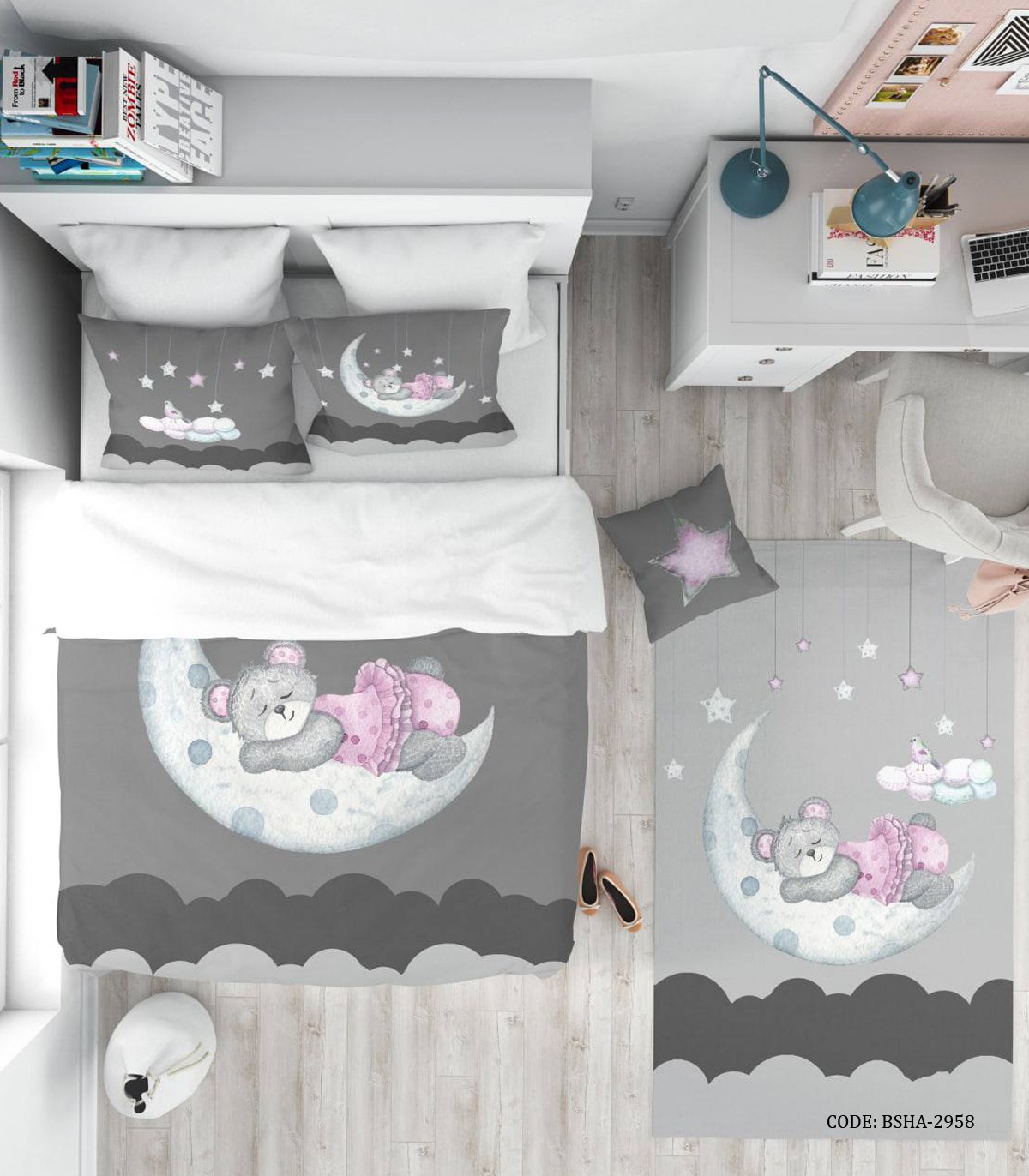 روتختی کودک 4 تکه دخترانه طوسی طرح خرس مدل Sleepy Bear