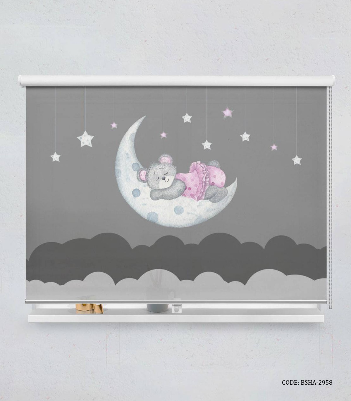 پرده شید اتاق کودک دخترانه طوسی طرح خرس مدل Sleepy Bear