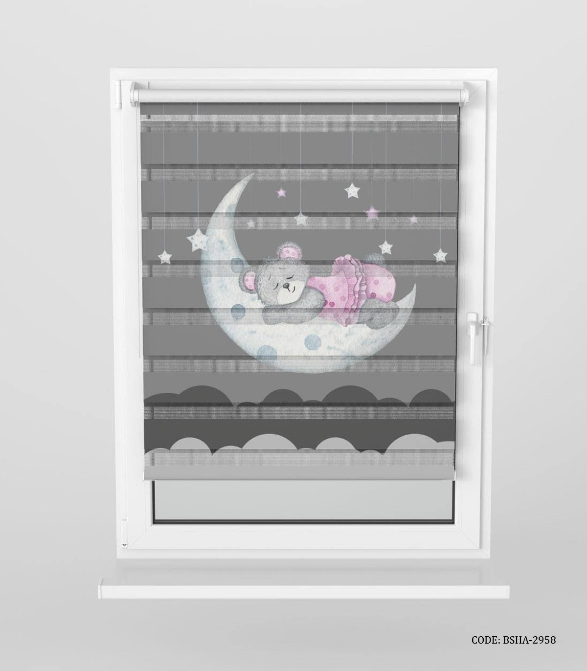 پرده زبرا اتاق کودک دخترانه طوسی طرح خرس مدل Sleepy Bear