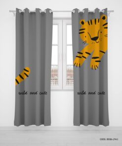 پرده پانچی دو تکه اتاق کودک پسرانه طوسی طرح ببر مدل Tiger