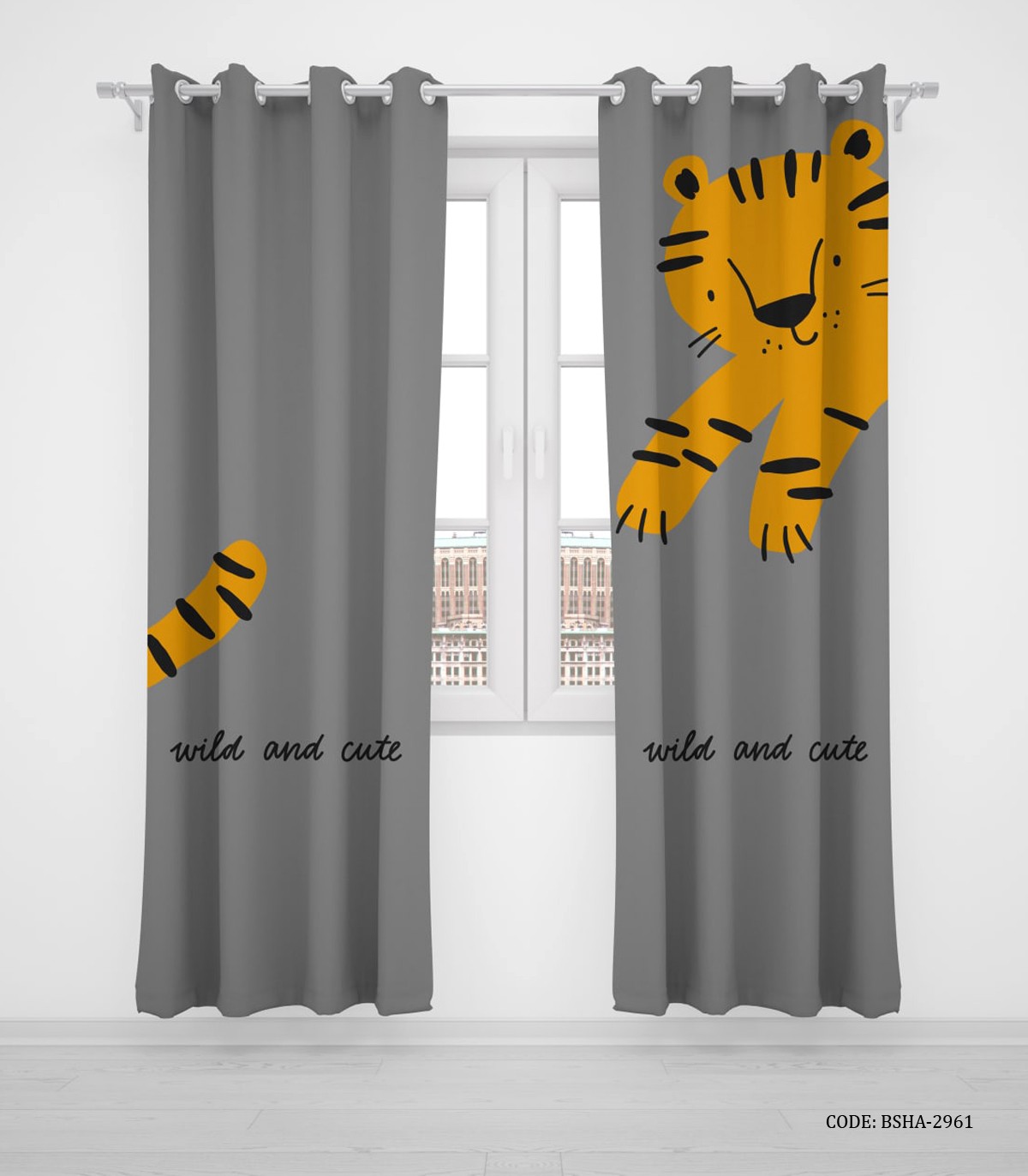 پرده پانچی دو تکه اتاق کودک پسرانه طوسی طرح ببر مدل Tiger