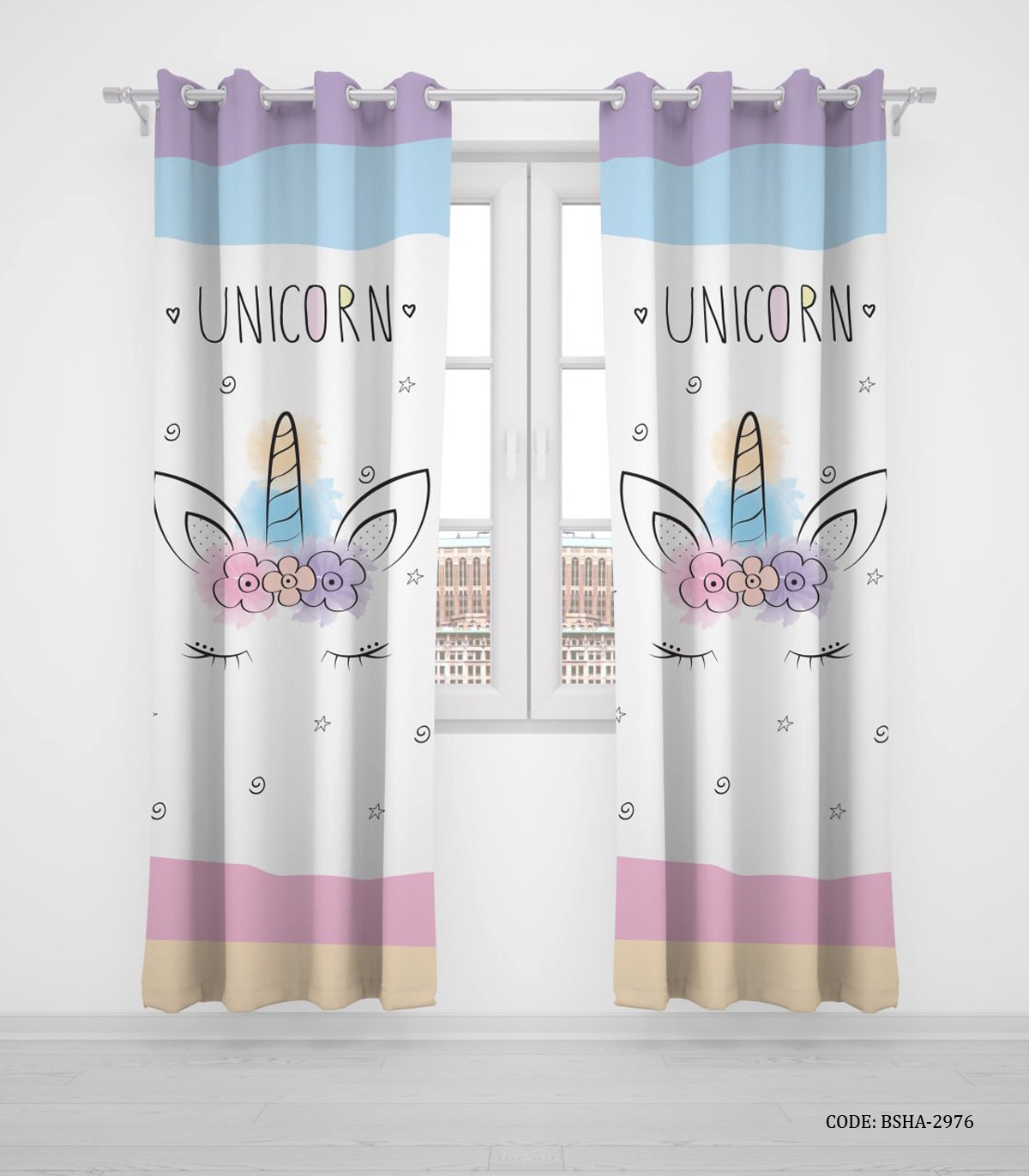 پرده پانچی اتاق کودک دخترانه طرح فانتزی یونی کورنFancy Unicorn