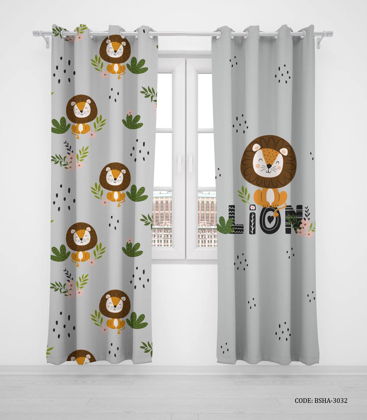 پرده پانچی دو تکه اتاق کودک پسرانه طرح شیر مدل Lion