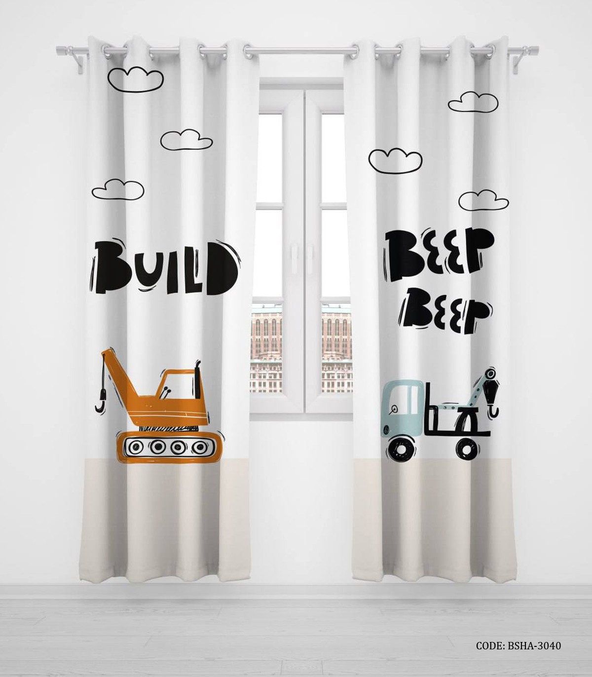 پرده پانچی دو تکه اتاق کودک پسرانه طرح جرثقیل مدل Build