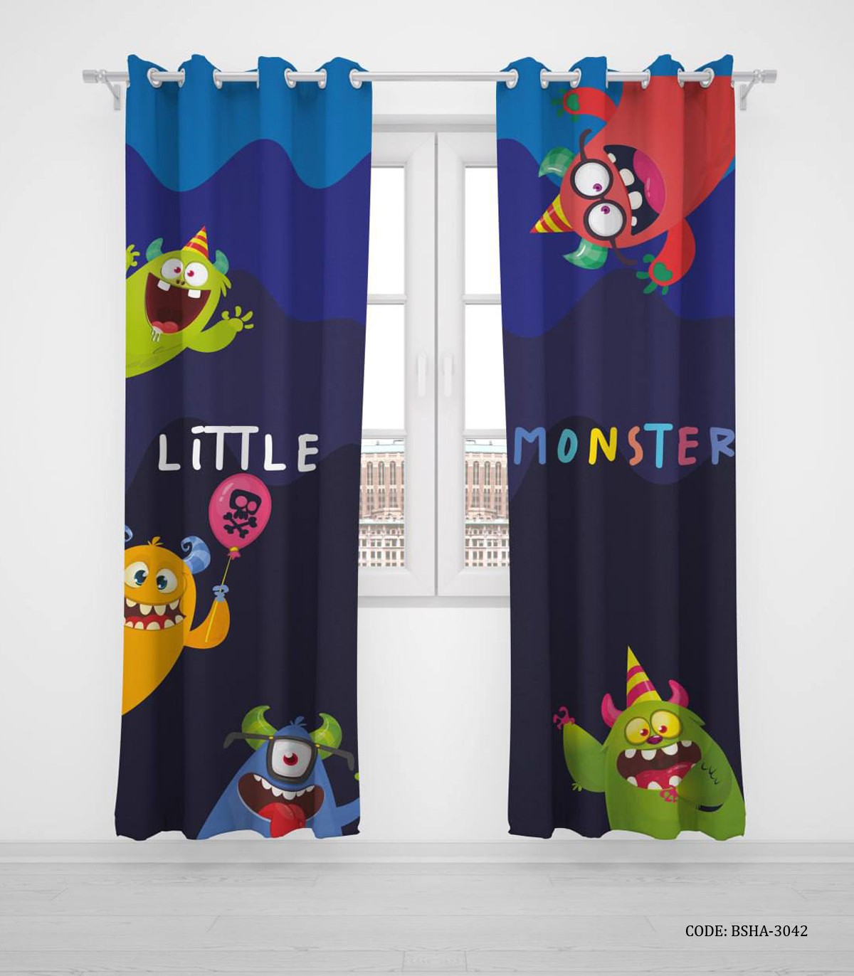 پرده پانچی دو تکه اتاق کودک پسرانه طرح کارتون هیولا مدل MONSTER
