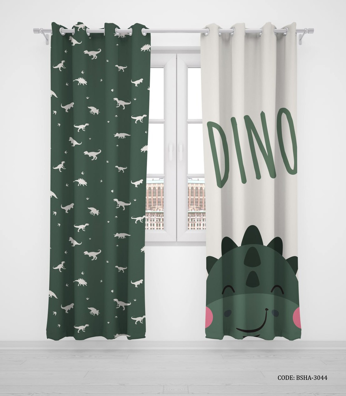 پرده پانچی دو تکه اتاق کودک پسرانه طرح دایناسور مدل Happy Dino