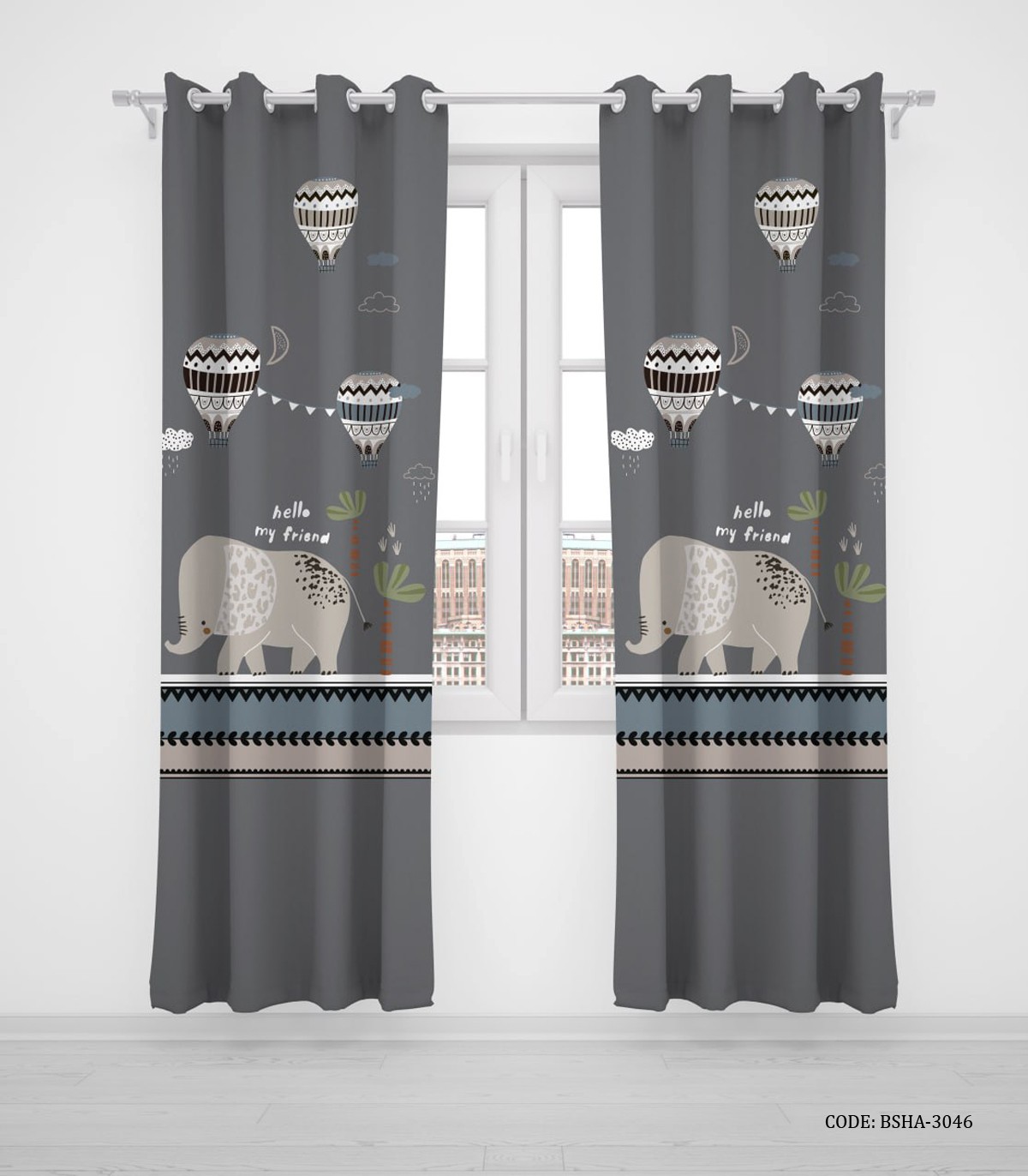 پرده پانچی دو تکه اتاق کودک پسرانه طرح فیل مدل hello my friend