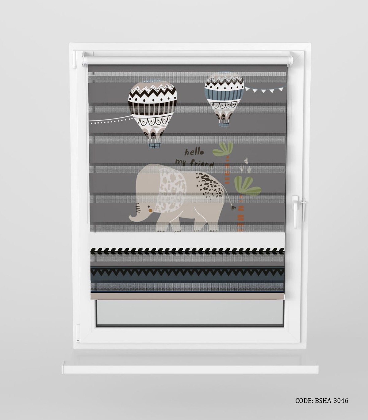 پرده زبرا اتاق کودک پسرانه طرح فیل مدل hello my friend
