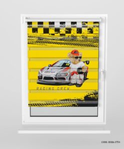 پرده زبرا اتاق کودک پسرانه طرح تدی و ماشین مسابقه مدل Racing Crew