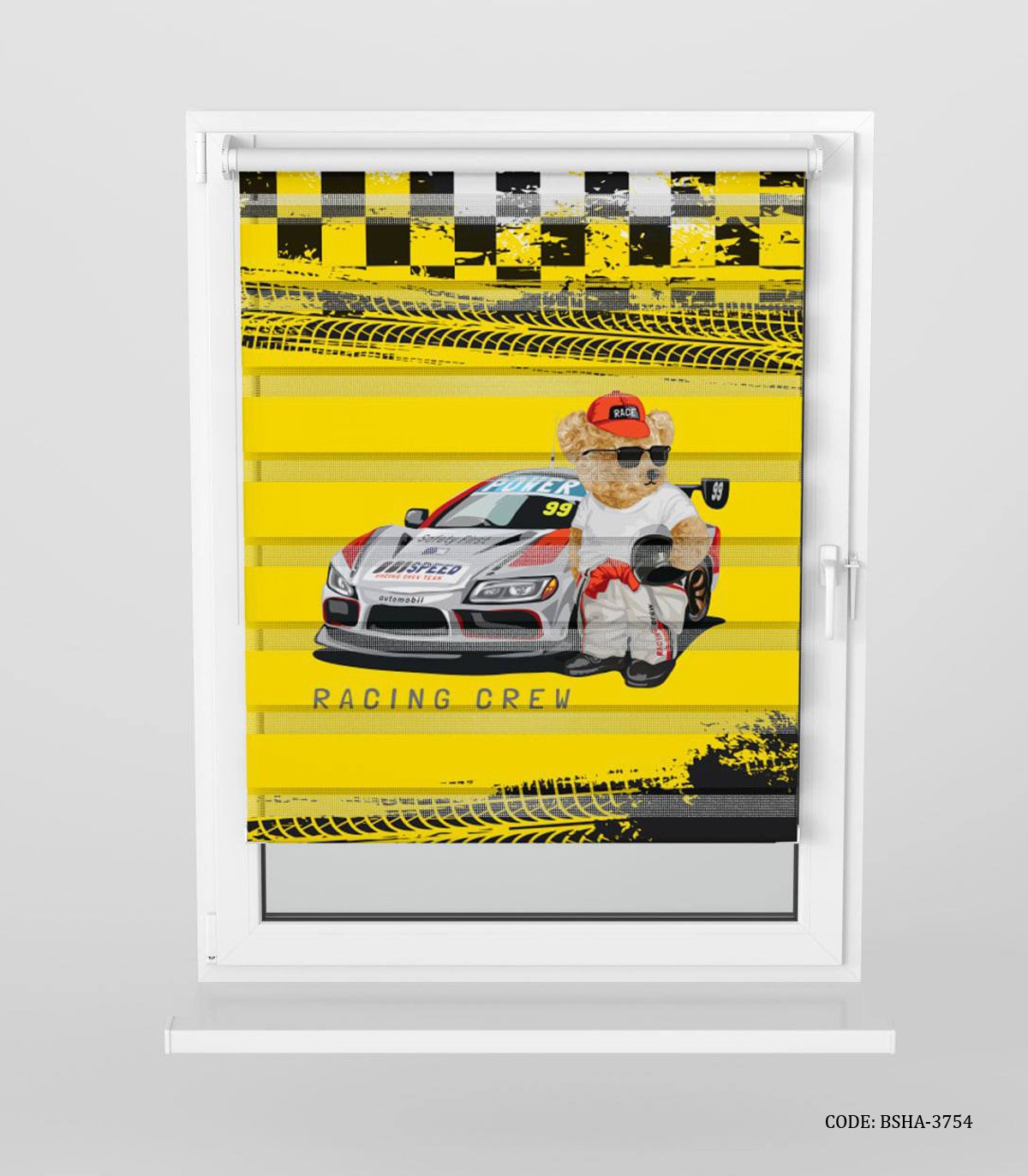 پرده زبرا اتاق کودک پسرانه طرح تدی و ماشین مسابقه مدل Racing Crew