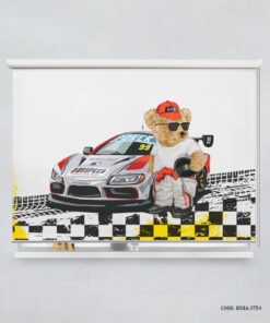 پرده شید اتاق کودک پسرانه طرح تدی و ماشین مسابقه مدل Racing Crew