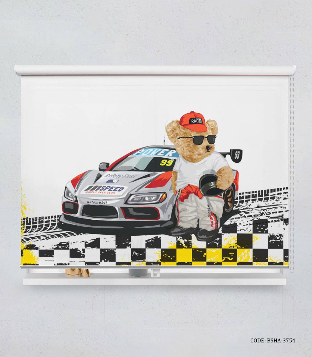 پرده شید اتاق کودک پسرانه طرح تدی و ماشین مسابقه مدل Racing Crew