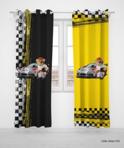 پرده پانچی اتاق کودک پسرانه طرح تدی و ماشین مسابقه مدل Racing Crew