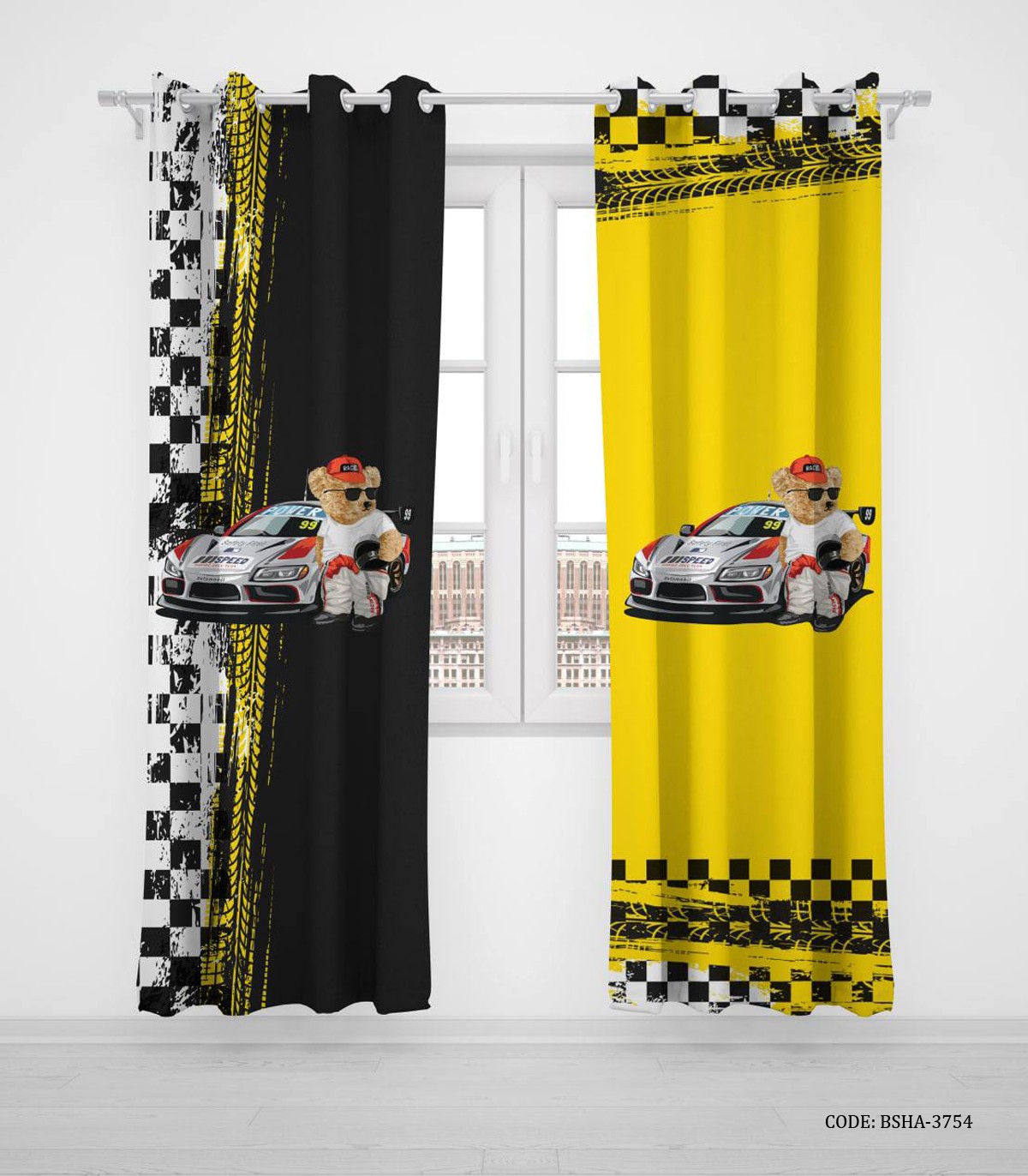 پرده پانچی اتاق کودک پسرانه طرح تدی و ماشین مسابقه مدل Racing Crew