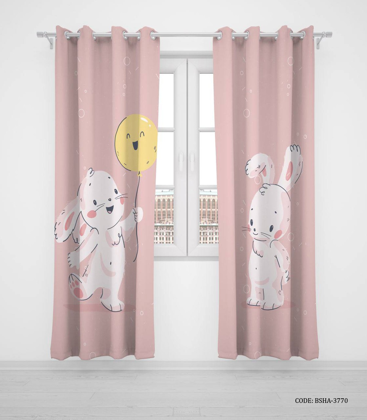 پرده پانچی دو تکه اتاق کودک دخترانه طرح خرگوش مدل Hello Baby
