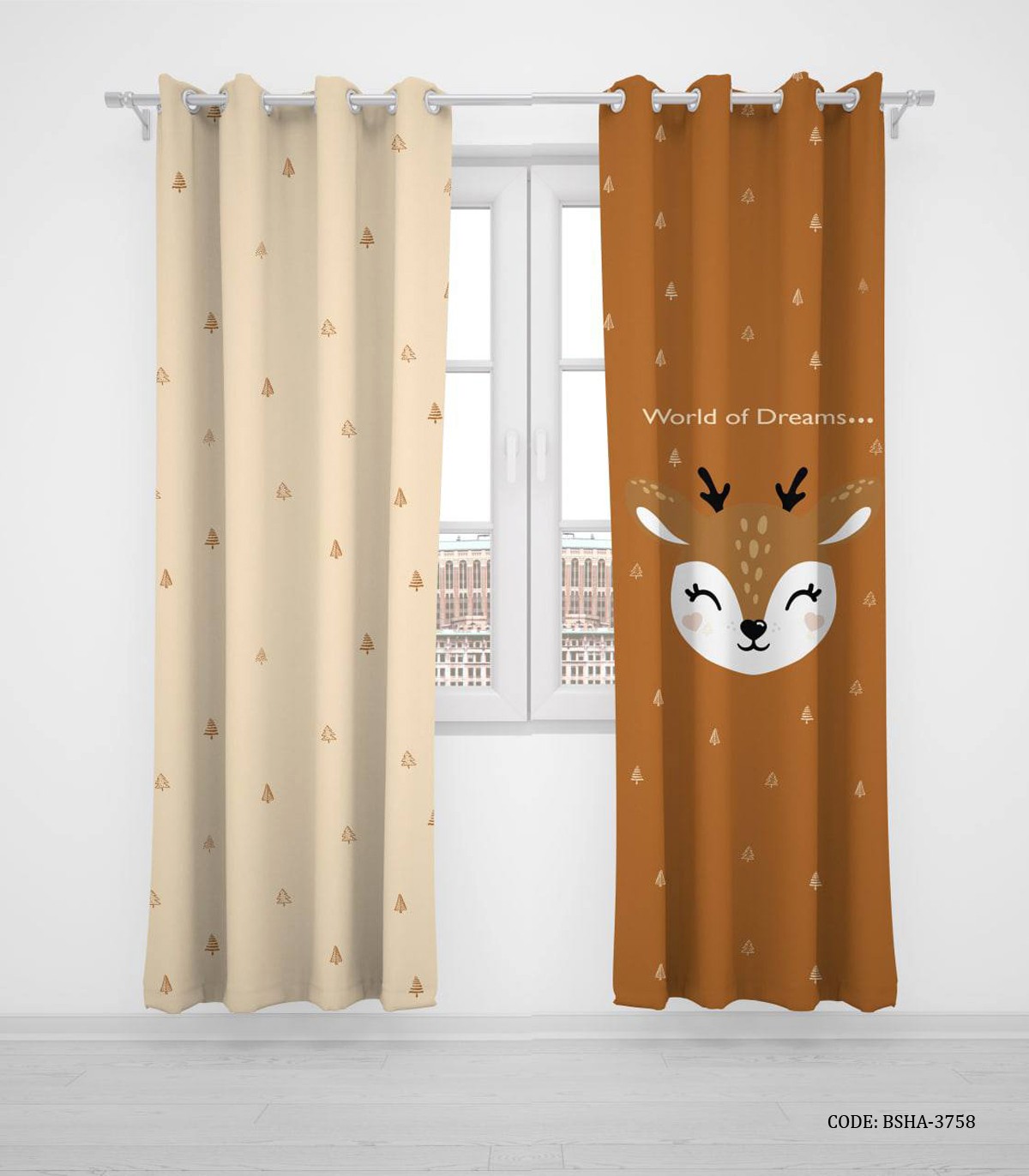 پرده پانچی دو تکه اتاق دخترانه و پسرانه طرح گوزن مدل WinterWorld Of Dreams